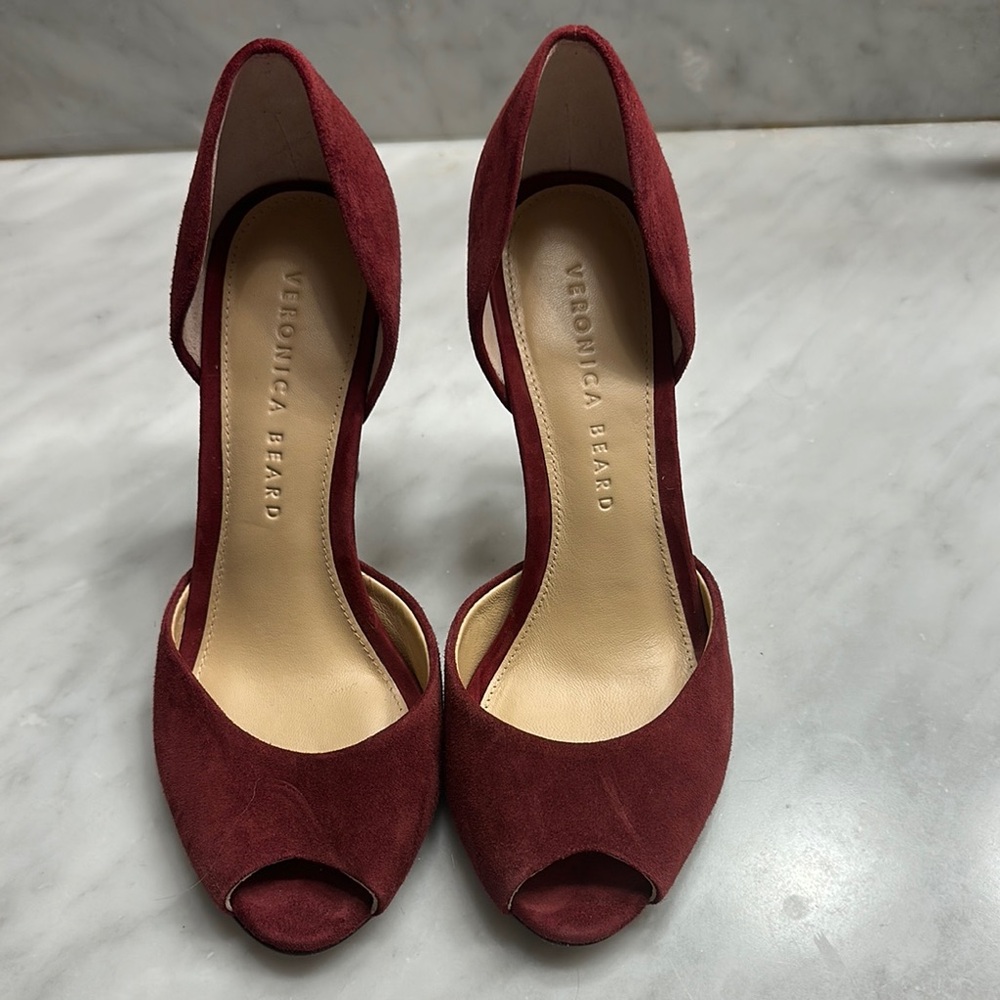 Veronica Beard Burgundy Gadot D’Orsay Maroon Suede Peep Toe Pumps.